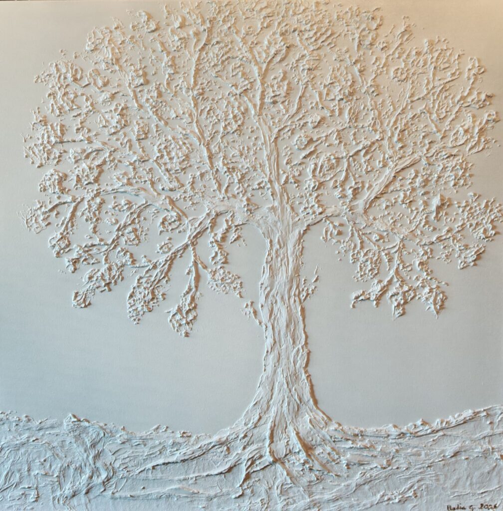 Dentro il bosco fatato 2 Tessuto, gesso, acrilico su tela 80 x80 cm – dipinto di Nadia Gaggioli