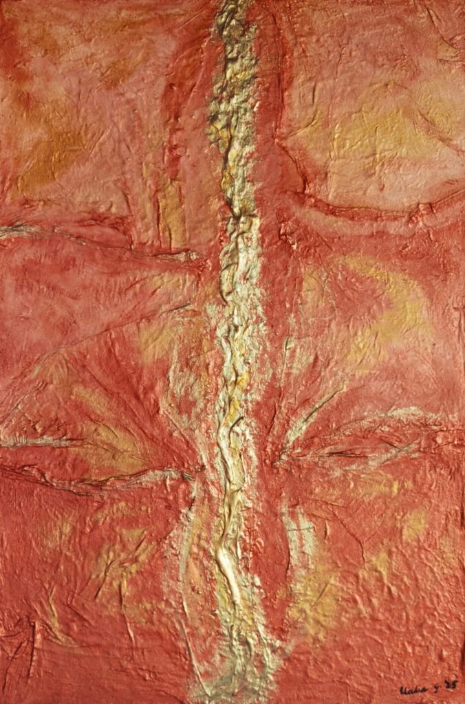 FILONE D_ORO tessuto, gesso, acrilico su tela 60x90cm – dipinto di Nadia Gaggioli, Tessuto, gesso, acrilico su tela