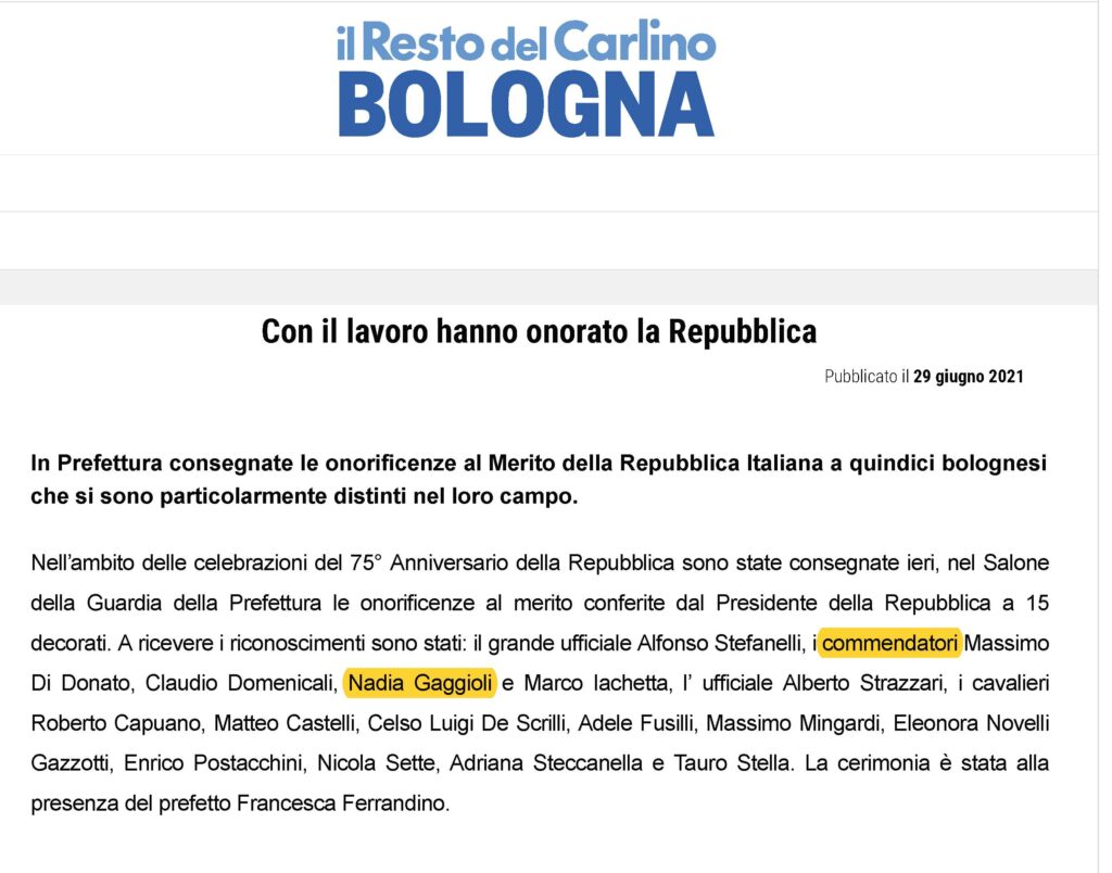 Onorificenza OMRI 4 Onorificenza OMRI 4 – Nadia Gaggioli