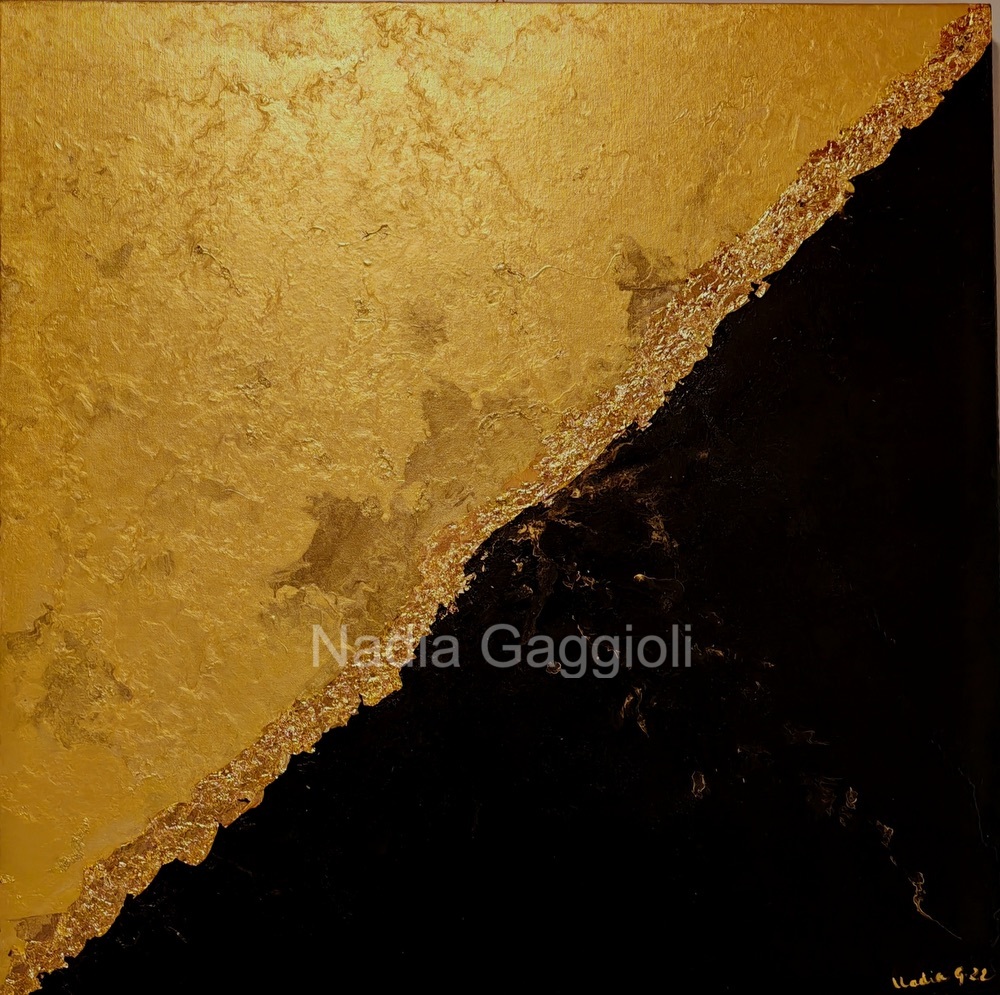 Scissione luce e tenebra – dipinto di Nadia Gaggioli, acrilico e foglia d'oro su tela
